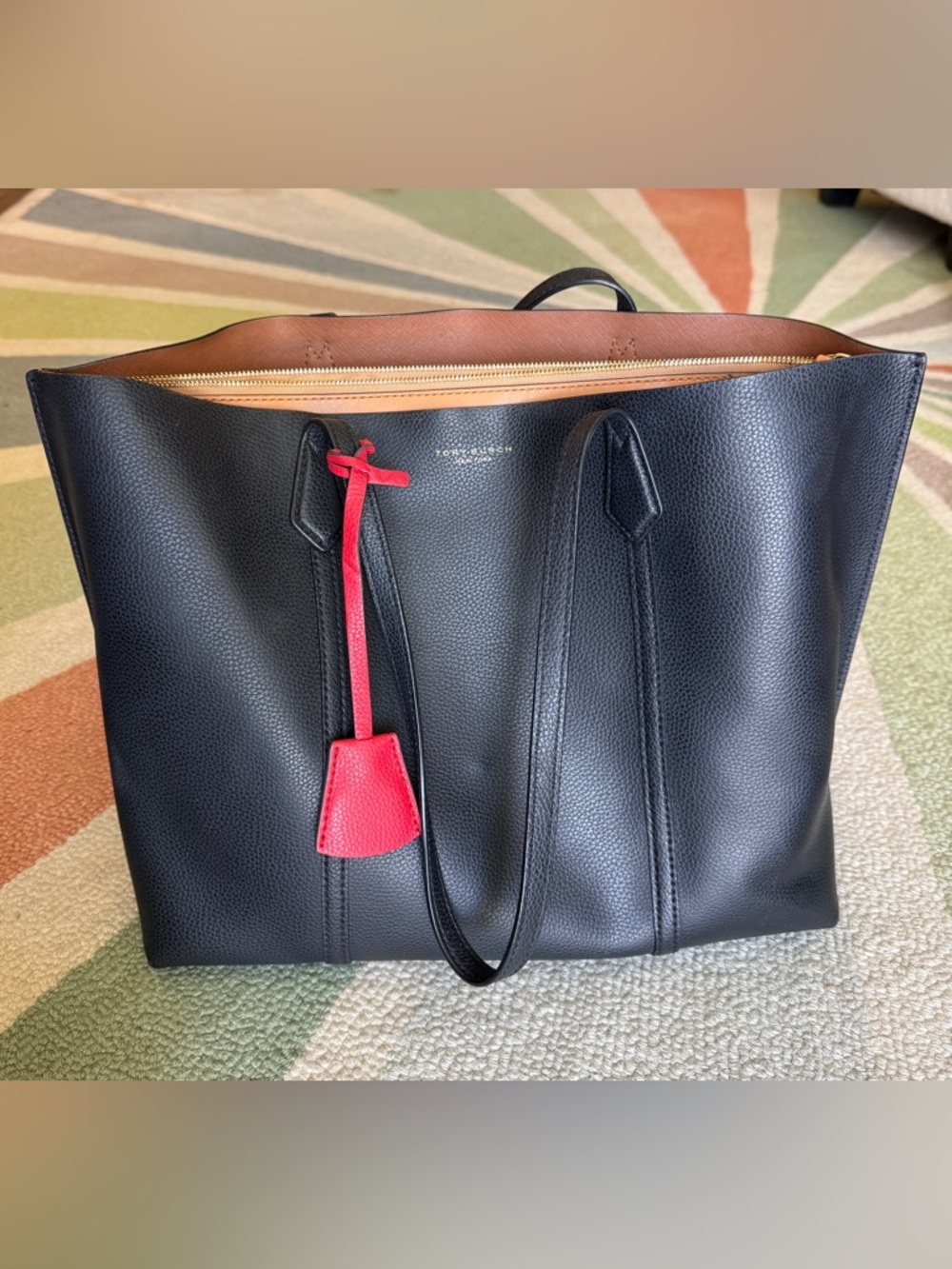 Tory Burch Perry Leather Tote Black/Camel Large 16” — Never Used